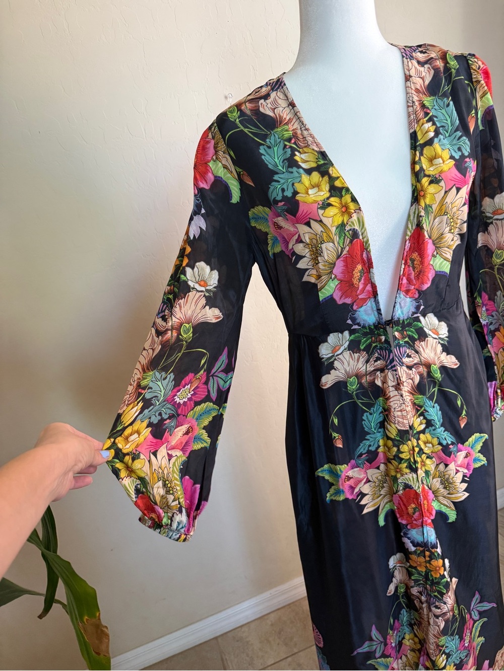 Boston Proper Black Floral Duster Puff Long Sleeve Maxi Kimono Cover Up - Picture 8 of 9